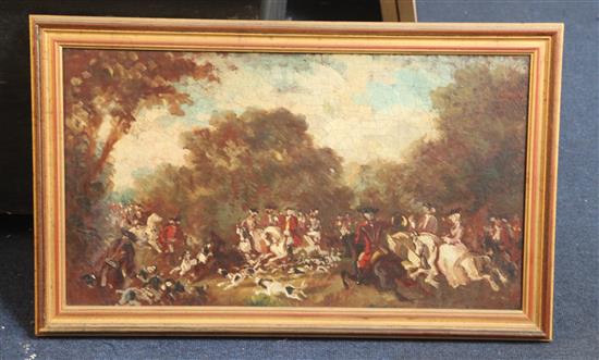 Manner of Francois de Troy (1645-1730) Hunting scene 30 x 53cm. Ex. Collection William de Belleroche